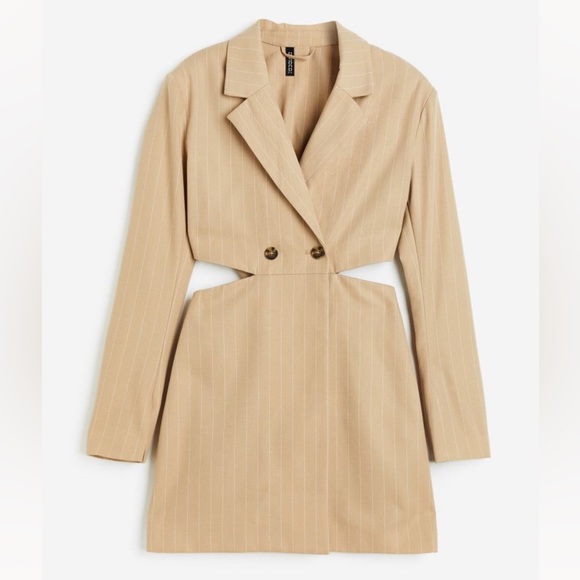 H&M Cut-Out Blazer Jacket Backless Long Sleeve Mini Dress Beige Tan Pinstripe M - Picture 2 of 10